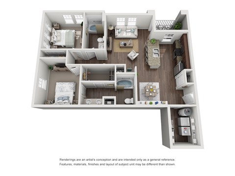A floor plan of a two-bedroom apartment with a living room, kitchen, and bathroom.